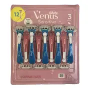 NEW Gillette Venus Sensitive 3 Blade Disposable Razors 12 Pack - With SkinElixir