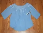 NWT Womens TERRE BLEUE Peasant Crinkle Light Blue Smocked Tunic Shirt Small