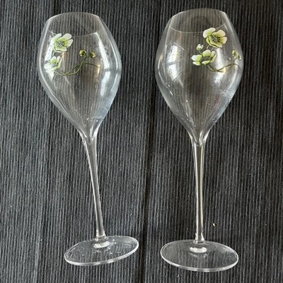 2 Perrier Jouet Belle Epoque Hand Painted Champagne Balloon Flutes/Glasses