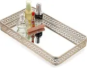 ELLDOO Gold Perfume Tray Mirror Tray Makeup Vanity Tray Hollow-Carved Jewelry Tray Glass Metal Trinket Storage Tray Home Organizer Decorative Tray for for Dresser Bathroom Countertop, Large Size