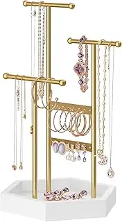 SONGMICS Jewellery Stand, Jewellery Organiser, 4 Independent Zones, Jewellery Display Stand with Metal Frame, Earring Bracelet Necklace Holder, for Rings, Gold and White JJS003A01