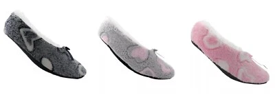 New Ladies Hearts 'Snuggle Toes' Non Slip Sherpa Fleece Lined Ballet Slippers