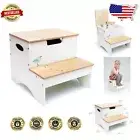 Modern Green Kids Step Stool with Storage and Bird Illustrations for Ages 3+