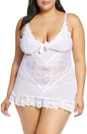 Oh La La Cheri Valentine Soft Cup Babydoll Chemise & G-String Thong in White at Nordstrom, Size 1X