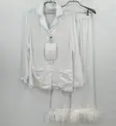 Sleeper Women’s Pajama Party Set in White sz M Long Sleeve Shirt Feather Pants