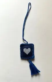 finished completed cross stitch scissors fob white heart crochet border tassel