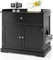 2-Door Cat Litter Box Enclosure with Storage, Modern Cat House Cabinet with Drawer & House-Shaped Entrance, Hidden Kitten Washroom Side Table for Indoors (Black)
