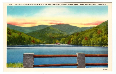 Postcard "The Lake Showing Bath House, Vogel State Park, Near Blairsville, GA."