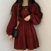 Balloon-Sleeve Square Neck Plain Mini A-Line Dress Wine Red - M
