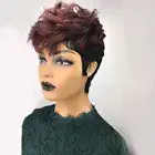 Human Hair Wig With Bangs Burgundy 99J Ombre Short Wavy Bob Pixie Cut