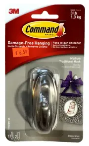 3M Command Brushed Nickel Traditional Medium Hook Home Organizer Storage Hook