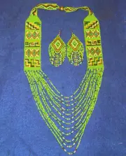 Mesa Style Beaded Necklace & Earring Set Handmade Bright Green Native Regalia 14