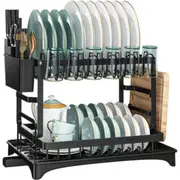 2 Tier Dish Drainer Drying Rack with Cup Holder Cutlery Tray Kitchen Organiser