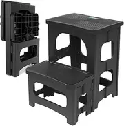 Folding 2-Step Stool, 8" & 17" Non-Slip Collapsible Stools, Bedside Stepstools, Holds 250 lbs, Portable Footstool for Kitchen Home Toilet Bedroom Office Bathroom RV (Black)