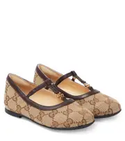[Gucci Kids] Gucci Kids Double G leather-trimmed ballet flats UK 11 brown