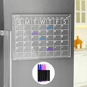 Acrylic Magnetic Calendar for Fridge, Refrigerator Reusable Planner, Includes 6 Dry Erase Markers with 3 Colors (Calendar)