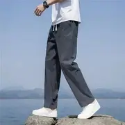 Drawstring Waist Plain Straight Leg Pants Dark Gray - M