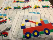 Bright Vtg Kids Curtains + Pillow Case 1980s Never Used Cars Trucks Train Taxi
