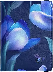 [Amooorous] Aesthetic flower Flower Royal Blue Leather decorative waterproof passport holder Vaccine Case Protector Cover Passport Wallet Lightweight, aesthetic flower flower Royal Blue, 1 size
