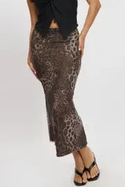 Brown Animal Print Mesh Skirt Elasticated Picot Trim Midaxi - Size 10S, Women's Bodycon Skirt