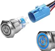 WerFamily Power Symbol 12V Blue LED 19mm Latching Push Button Switch 1NO 1NC SPDT ON/Off Waterproof Stainless Steel Metal Round with Wire Socket Plug