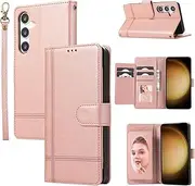 YocoverTech for Samsung S24 FE 5G Case,for Galaxy S24 FE 5G Wallet Case[5 Card Slots+a Pocket+Mirror] PU Leather Folio Flip Magnetic Cover-Rose Gold