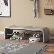 Entryway Bench, End of Bed Bench with Shelf, Storage Bench with Leather Cushion, Modern Bedroom Bench with Metal Frame, for Entry, Hallway, Living Room, Bedroom, Closet(Gray,80 * 35 * 42cm/31 * 14