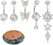 [SOMEITIA] 5PCS 14G Dangle Belly Button Rings for Women Surgical Steel Dangling Belly Rings Hypoallergenic CZ Flower Teardrop Butterfly Navel Rings Belly Piercing Jewelry 10/14mm