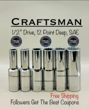 New Craftsman 6 Piece Deep 1/2" Drive SAE 12 Point Socket Set