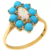 Solid 10k Yellow Gold Natural Opal & Turquoise Womens Cluster Ring