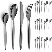 Black Cutlery Set 24 Pieces Service for 6, Berglander Titanium Black Plated Stainless Steel Flatware Set, Knives Forks Spoons Silverware Set