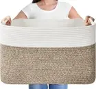 Large Rectangle Woven Basket for Blanket Storage, Cotton Rope X Large, Brown