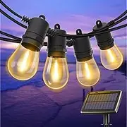 LangPlus+ Outdoor LED String Lights Solar Powered 48FT, Waterproof Patio Festoon Lights with 15Pcs 1W Shatterproof S14 LED Bulbs, Commercial Garden Light for Wedding Porch Gazebo Balcony Bistro