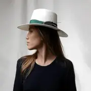 NWT B Couture Women's Wide Brim Feather Band Diane Panama Hat White Green 56cm/M