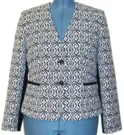 Tahari Women Blazer Jacket size 12 Collarless Floral Jacquard Black White