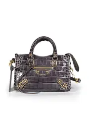 Black Leather Mini City Mock Croc Bag