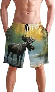 [XYMZR] Men's Swim Trunks Moose Sunrise Forest Quick-Dry Bathing Suit Swimming Board Shorts S
