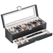 Watch Case for Men, 6 Slot Watch Display Case with Clear Glass Lid, 2-Layer M...