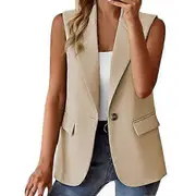 Women Summer Waistcoat Sleeveless Business Vest Coat Solid Color Lapel Pockets Single Button Straight Formal OL Style Commute Coat khaki XL