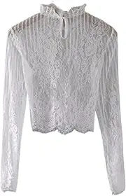 [YEKEYI] Women's Long Sleeve Mock Neck Sheer Blouse See Through Floral Lace Tops Mesh Top