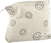 [GUTGNK] Makeup bag for Women, Corduroy Cosmetic Bag Aesthetic Design Ladies Tote Bag, Pencil Case for Girls, Cute Smiley Face Makeup Organizer with Zipper, Beige, 10x7.4in, Double Layer Corduroy Cosmetic Bag