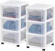 IRIS USA Plastic 3-Drawer Storage Organizer Rolling Cart, with Wheels Casters, 2-Pack, for Classroom Art Supplies Dresser Closet Bathroom Dorm Bedroom Laundry Room, Slim Narrow, White/Clear