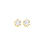 9ct Gold Cubic Zirconia Round Brilliant Cut 6 Claw Stud Earring in Clear