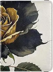 [Amooorous] Rose Floral Black Gold Leather decorative travel wallet womens passport holder Travel Documents Organizer Protector Travel Passport Wallet Waterproof, rose floral black gold, 1 size