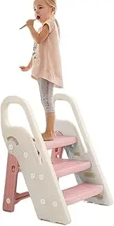 CULOTOL Foldable Toddler Step Stop for Bathroom Sink, Adjustable 3 Step Stool for Kids Toilet Potty Training Stool, Child Kitchen Counter Stool Helper, Plastic Ladder for Toddlers (Pink)