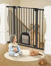 BABELIO 91.4 CM Tall Upgraded Baby Gate with Cat Door, 73.7-109 CM Auto Close Durable Dog Gate for Stairs, Doorways and House, Easy Walk Thru Safety Gate with Pet Door Includes 4 Wall Cups, Black