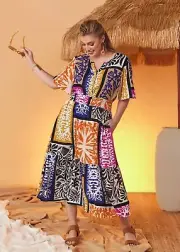 Taking Shape TS Natural Tier Geo Print Dress Stretch Boho 14 16 18 plus size BN