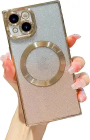 iPhone 15 Case Glitter Magnetic Compatible Full Camera Lens Protection Luxury Plating Cute Bling Clear Shockproof Slim Phone Case for Women (Gold)