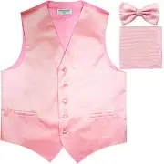 New Men's Horizontal Stripes Tuxedo Vest Waistcoat_bowtie & Hankie pink prom