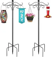 92" Double Shepherds Hooks for Outdoor, Adjustable Heavy Duty Bird Feeder Pole with 5 Prong Base, Metal Plant Hangers Outdoor for Hanging Plant Baskets, Solar Lanterns, 2 Pack